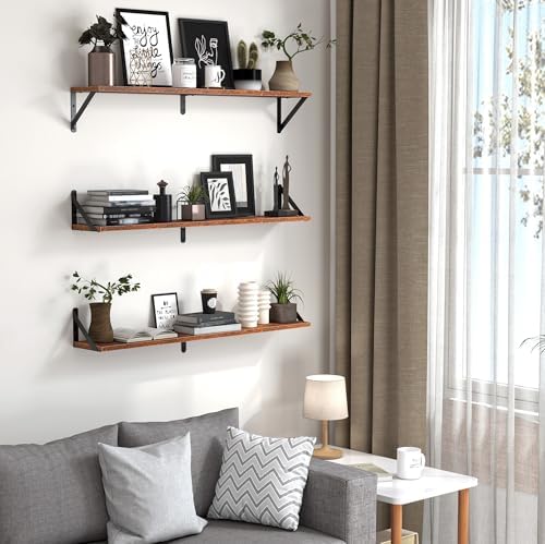 Heimlove Floating Shelves for Wall, 36 Inch Long Wood Floating Bookshelf Set of 3, Wall Mounted Hanging Shelf for Bathro