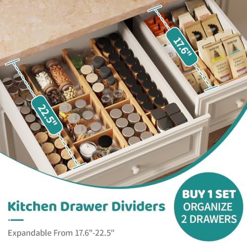 Bamboo Drawer Dividers with Inserts, Kitchen Adjustable Drawer Organizers, Expandable Organization for Home, Dressers, 4 Dividers with 8 Inserts