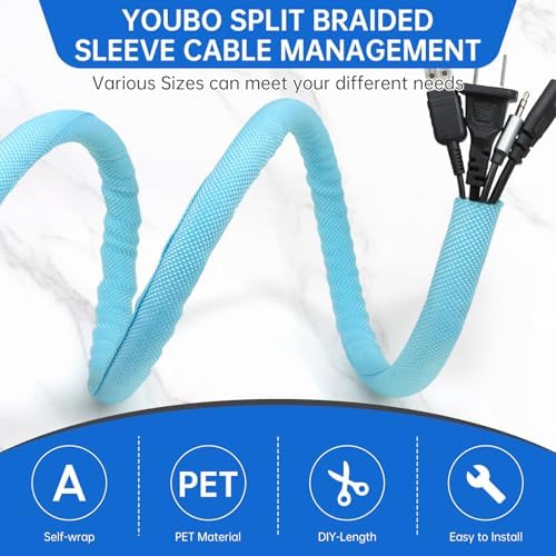 Split Braided Cable Sleeve，Flexible Wire Loom Tubing, Automotive Cord Protector Pet Proof, Cable Management for Computer