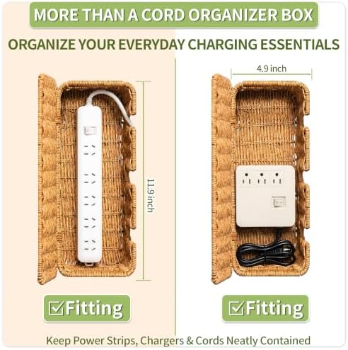 Cable Management Box, Rattan Cord Organizer for Desk & Power Strip