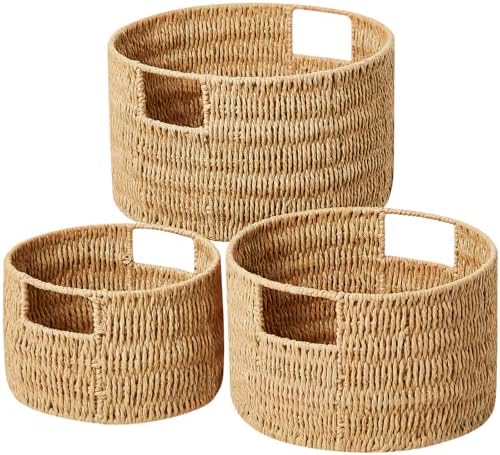 Vagusicc Wicker Storage Basket, Hand-Woven Paper Rope Large Round Woven Basket With Handles, Wicker Baskets for Organizing/Storage, Natural, 3-Pack