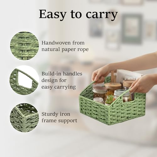 Green Storage Basket 2 Pack Handwoven Paper Rope Pantry Baskets
