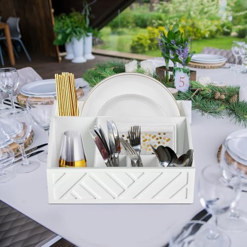 Ukonvi Paper Plate Dispenser, Paper Plate Holder for Kitchen Counter, Wood Rustic Silverware Utensil Caddy, Cutlery Flat
