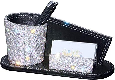 KEYPOWER Pen Pencil Holder Business Name Cards Decorative Bling Crystal Rhinestone PU Leather Gift for Women Girls (White)