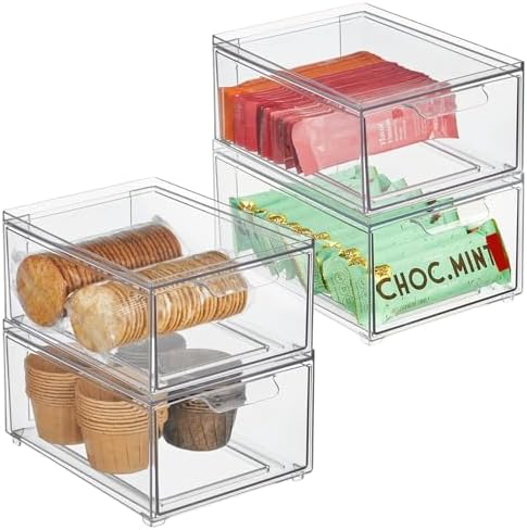 mDesign Stackable Storage Containers Box with Pull-Out Drawer - Stacking Plastic Drawers Bins for Kitchen Pantry and Cup