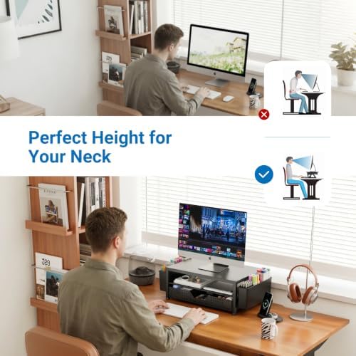 OPNICE Desk Organizers and Accessories, Computer Monitor Stand Riser with Drawer and 2 Pen Holders, Printer & Laptop Sta