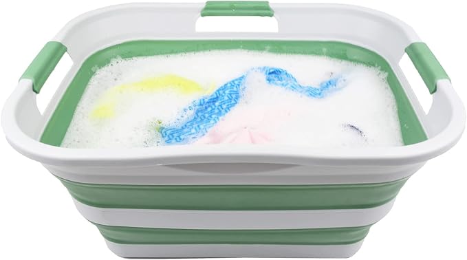 SAMMART 30L(8 gallon) Collapsible Plastic Laundry Basket - Foldable Pop Up Storage Container/Organizer - Space Saving Hamper/Basket - Water Capacity 24L(6.3 gallon) (1, Grey/Dark Sea Green)