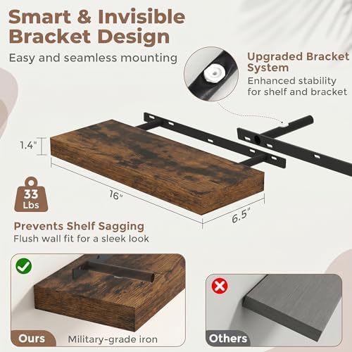 16 Inch Floating Shelves for Wall, 6.5"D Wood Storage Shelves, Brown Finish