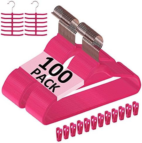 VECELO Premium Velvet Clothes Hangers Suit Heavy Duty (100 Pack)-Non Slip & Space-Saving with 12 Finger Clips & 2Tie Rack Excellent for Men and Women,Rose