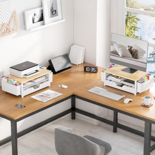 Wood Metal Monitor Stand Riser, Laptop Stand for Desk, Office Desk Organizer and Accessories, Computer Desktop Shelf wit