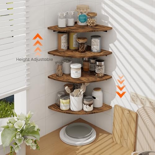 Homode Corner Wall Shelf, 12 Inch Wide Wooden Corner Floating Shelves with Cord Hole, Set of 4 Round Corner Hanging Stor