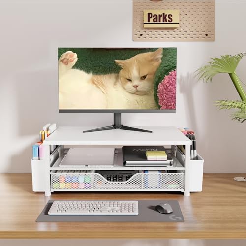OPNICE Desk Organizers and Accessories, Computer Monitor Stand Riser with Drawer and 2 Pen Holders, Printer & Laptop Sta