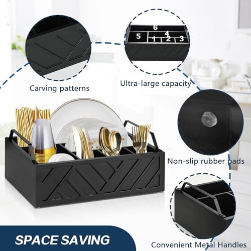 Ukonvi Paper Plate Dispenser and Holder for Kitchen Counter, Wood Rustic Silverware Utensil Caddy, Cutlery Flatware Orga