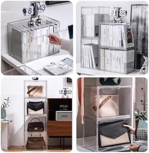 GUDEMAY Clear Stackable Plastic Storage Bins with Magnetic Lid, Dustproof Book & Cosmetic Display Cases, Large Figures C