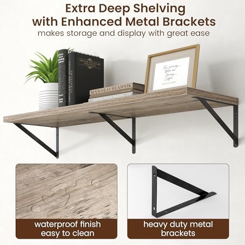 Axeman Deep Floating Shelves - 40 Inch Floating Shelves Set of 2-12 Inch Deep Grey Wood Wall Shelves for Living Room Bat