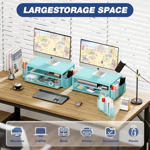 OPNICE Desk Organizer and Accessories, 2-Tier Computer Monitor Stand Riser with Drawer and 2 Pen Holders, Laptop Stand, 