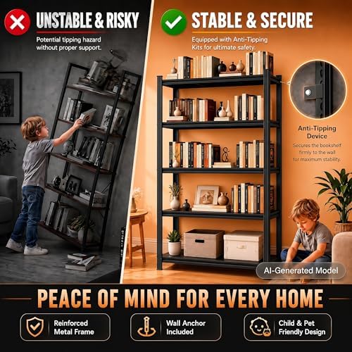Modern Book Shelf, Display Bookcase, Bolt-free Metal Storage Shelves for Books CDs Movies Garage Kit, Adjustable Bookshe