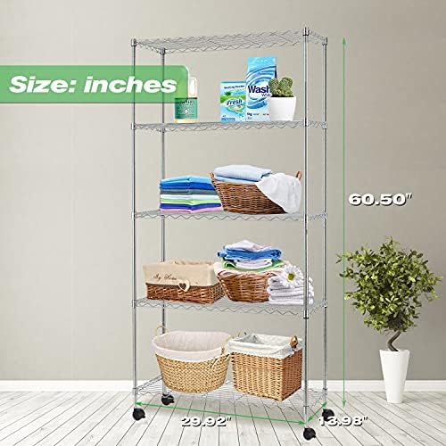 HCY 5-Tier Shelving Unit Storage Shelves with Wheels Heavy Duty Metal Storage Rack NSF Height Adjustable for Laundry Bat