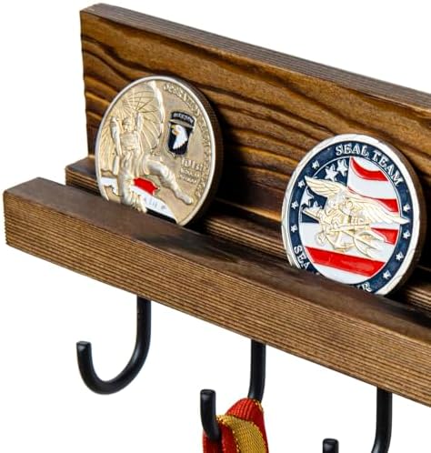 MyGift Rustic Burnt Solid Brown Wood Wall Mounted Challenge Coin Holder – Casino Chip Display Rack with Matte Black Meta