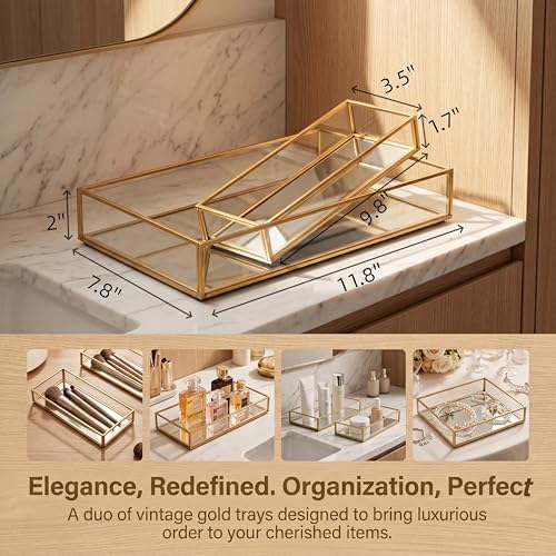 Lyellfe 2 Pack Perfume Trays, Decorative Gold Mirror Tray