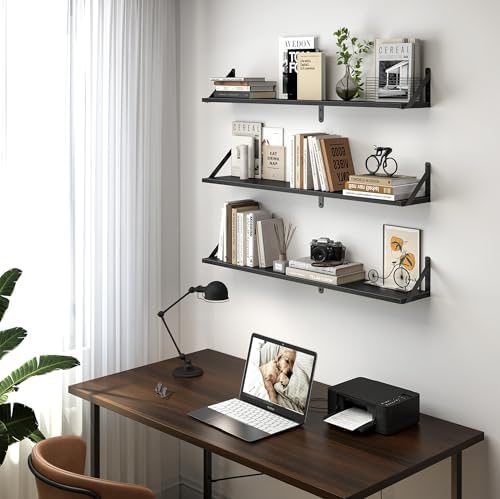 Heimlove Floating Shelves for Wall, 32 Inch Long Wood Floating Shelves Set of 3, Wall Mounted Hanging Shelf for Bathroom