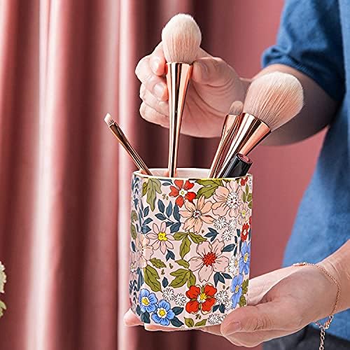 Jwest Pen Holder, Makeup Brush Holder Ceramic Shiny Gold Vintage Floral Flowers Pattern Pencil Cup for Girls Kids Women Durable Stand Desk Organizer Storage Gift for Office, Classroom, Home Pink