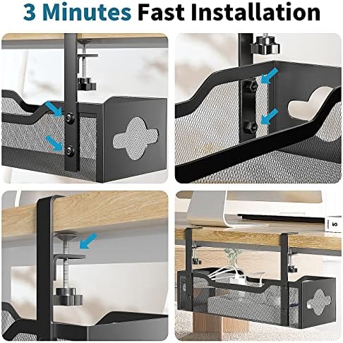 Under Desk Cable Management Tray No Drill, Metal Mesh Cable Management Under Desk with Clamp Mount, 2 Hole Cable Tray wi