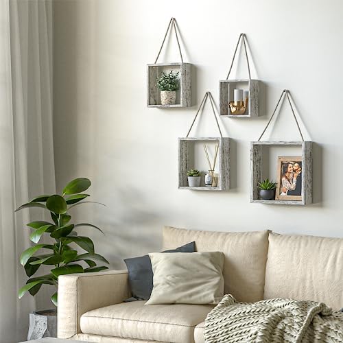 J JACKCUBE DESIGN Floating Hanging Square Shelves Wall Mounted Rustic Wood Cube Display Shelf Shadow Boxes Decorative Boho Home Décor for Living Room, Bedroom, Office, Set of 4 (White) - MK571C