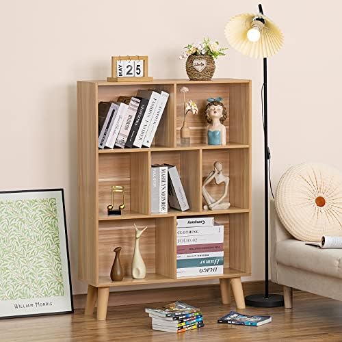 LEYAOYAO Cube Book Shelf, Mid-Century Modern Bookshelf with Legs, Natural