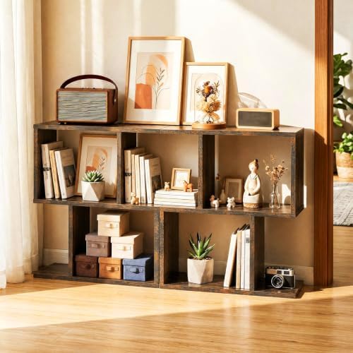 GIANTEX 3-Tier Geometric Bookshelf Set of 2, Wood S-Shape Bookcase, Brown