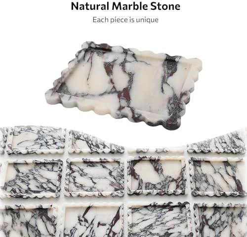Luxury Calacatta Marble Tray 11" x 8", Marble Vanity Tray for Countertop Bathroom Dresser Kitchen, Scalloped Natural Sto