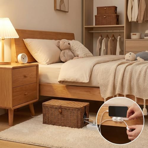 Wicker Cable Management Box, 2 Pack Large & Small Cable Organizer Box, Faux Rattan Hand-Woven Desk Organizer with 10 Cor