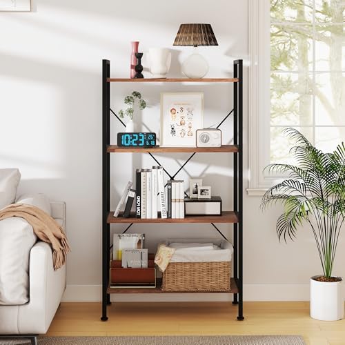 Bookshelf, 4 Tier Industrial Bookcase Storage Organizer,Walnut