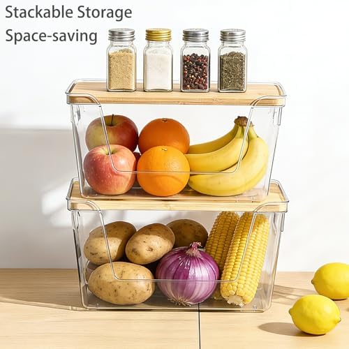 2 Set Potato And Onion Storage Bins with Bamboo Lid, Clear