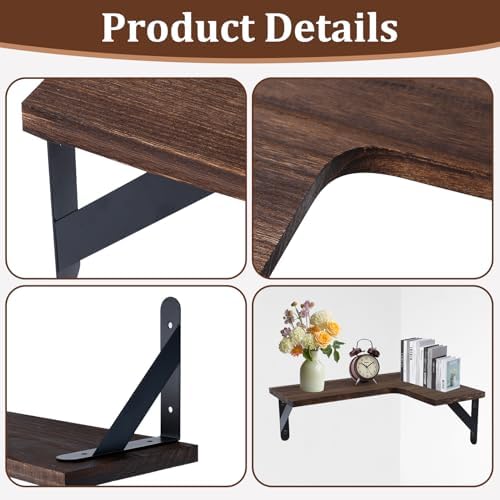 Corner Floating Shelves Set of 5, Rustic Wood Shelves, Dark Brown