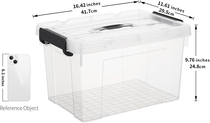Cetomo Lidded Storage Bin with Handle, Tote Organizing Container with Durable Lid and Secure Latching Buckles, Stackable and Nestable, Plastic, 25 Quart-6 Pack, Clear