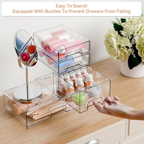 Yieach 4 Pack Clear Stackable Storage Drawers,Acrylic Drawer Organizer for Medicine,Palettes,Hair Accessories and Makeup