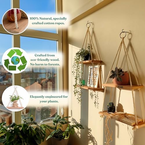 Hanging Shelves for Wall, Living Room, Bedroom - Boho Room Decor Aesthetic - Hanging Plant Shelf Decor - Floating Shelve