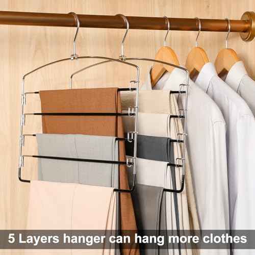 TOPIA HANGER Pant Hangers Space Saving 3 Pack with Non Slip 5 Tiers Hangers