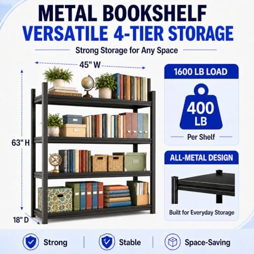 Metal Bookshelf Adjustable Bolt-Free Bookcase Heavy Duty Book Shelf 2000LBS