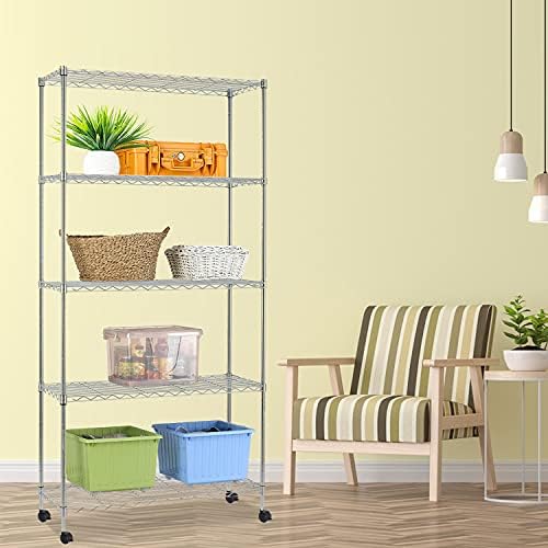 HCY 5-Tier Shelving Unit Storage Shelves with Wheels Heavy Duty Metal Storage Rack NSF Height Adjustable for Laundry Bat