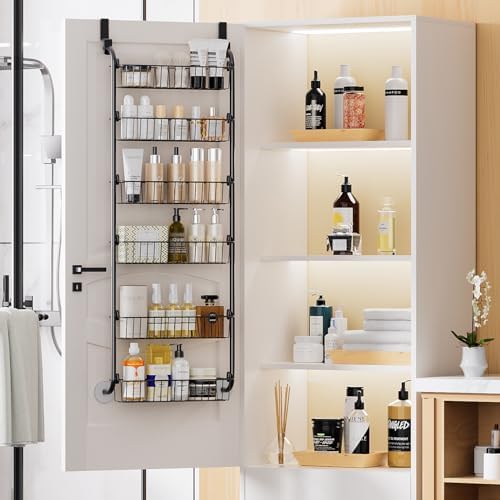 Delamu Over the Door Pantry Organizer, 6-Tier Metal Pantry Door Organization and Storage, Hanging Kitchen Basket Spice R
