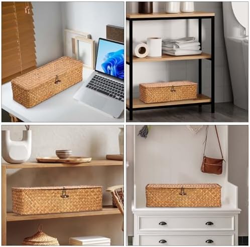 Hipiwe Handwoven Wicker Basket Box Rectangular Wardrobe Home Organizer with Lid 3 Sections Toilet Paper Holder Home Orga