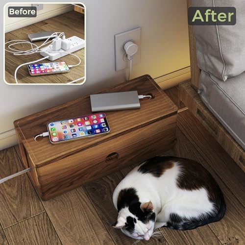 Large Cable Management Box Acacia Wood Cord Organizer Power Strip & Cables