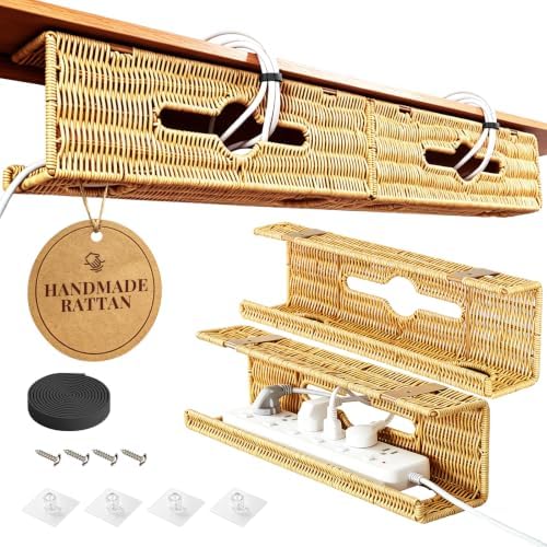 Handmade Rattan Under Desk Cable Management Tray 2 Pack, Natural