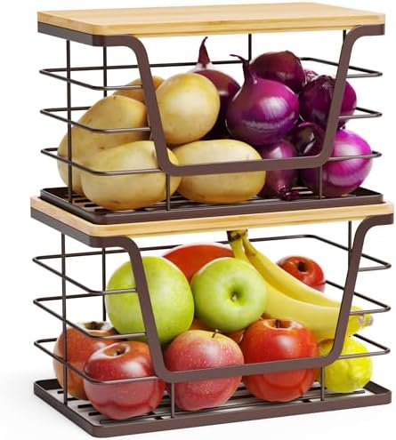 ALOCEO 2 Pack Stackable Wire Storage Basket with Bamboo Lid, Trash Bag Dispenser Under Sink for 4-13 Gal Bags, Kitchen S