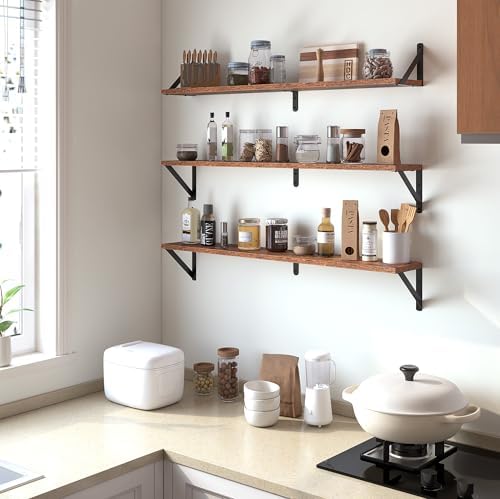 Heimlove Floating Shelves for Wall, 36 Inch Long Wood Floating Bookshelf Set of 3, Wall Mounted Hanging Shelf for Bathro