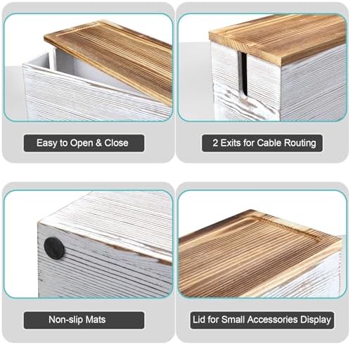 Large Cable Management Box, White Washed Wood Cord Organizer Box for Desk, Floor, Office to Hide Extension Cords Power S