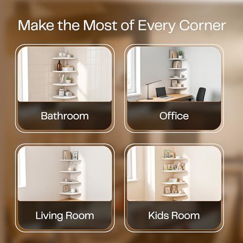 White Corner Floating Shelves for Wall Set of 4, Rounded Wood Wall Mounted Corner Shelf with Hardware, Space Saving Deco