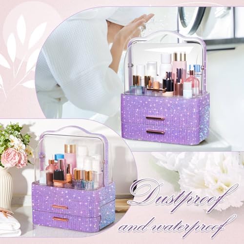 Honeydak Rhinestone Makeup Organizer with 2 Drawers Lid, Purple, Rhinestone